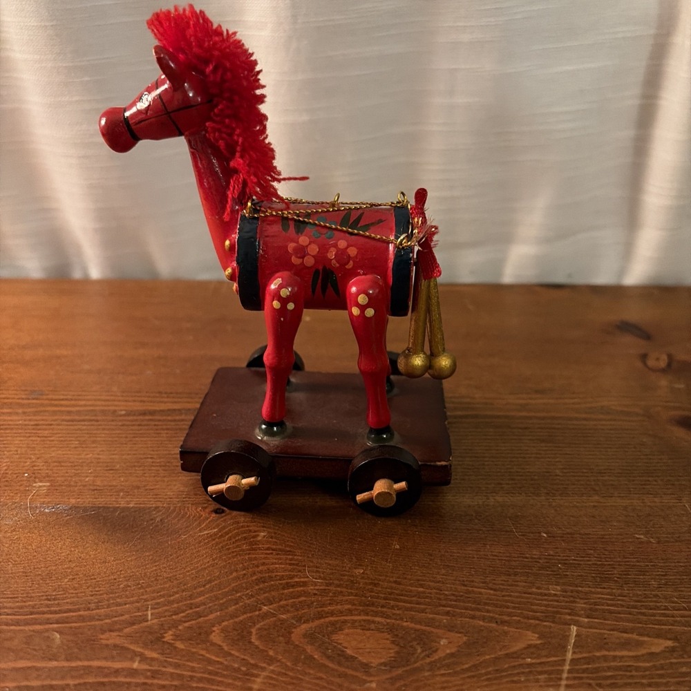 Vintage‎ Red Pull Horse Ornament 4" x 3" Wooden Hand Painted Christmas